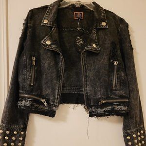 WOMEN SZ L BLACK WASH DISTRESSED CHOP JEAN JACKET